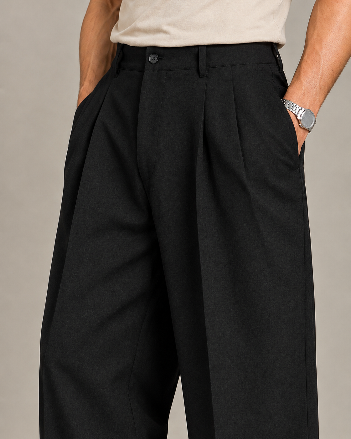 Black Double Pleated Wide-Leg Tailored Trousers by Monscre