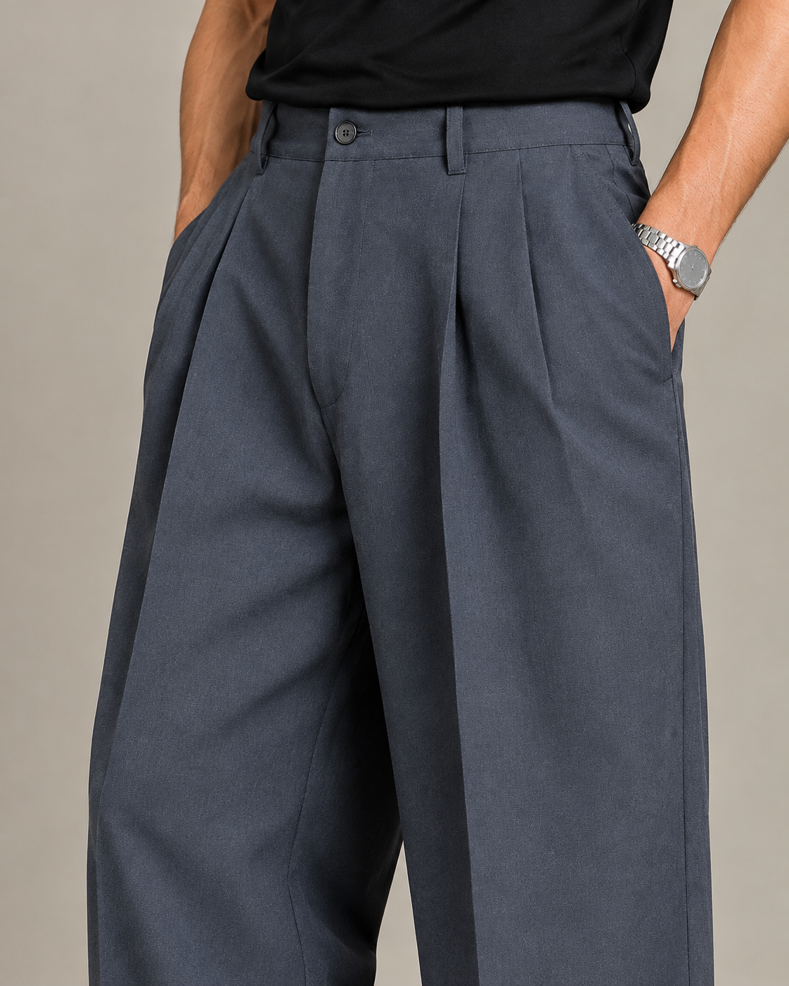 Grey Double Pleated Wide-Leg Tailored Trousers by Monscre
